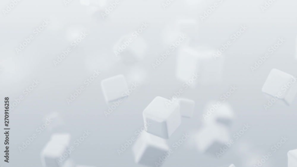 Poster abstract 3d render of flying cubes, motion background design with bokeh effect, 4k video