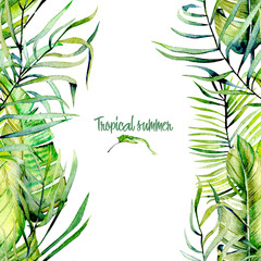 Watercolor tropical green leaves card template, hand drawn on a white background