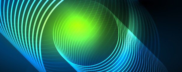 Fototapeta premium Trendy neon blue abstract design with waves and circles. Neon light glowing effect. Abstract digital background.