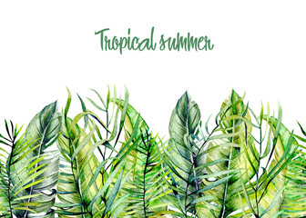 Watercolor tropical green leaves border, hand drawn on a white background