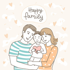 Happy couple with child. Hand drawn vector illustration.