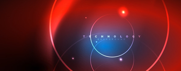 Trendy neon blue abstract design with waves and circles. Neon light glowing effect. Abstract digital background.