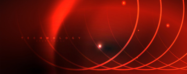 Dark abstract background with bright color neon lights and lines. Glowing background