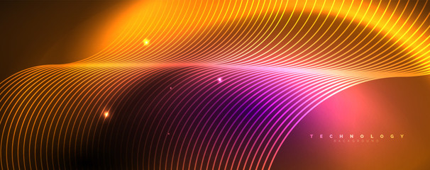 Shiny neon lights, dark abstract background with blurred magic neon light curved lines