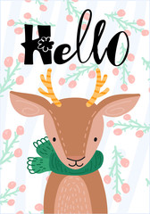 Happy face deer. Hand drawn graphic for typography poster, card, label, flyer, page, banner, baby wear, nursery. Scandinavian style. Cartoon Vector Illustration