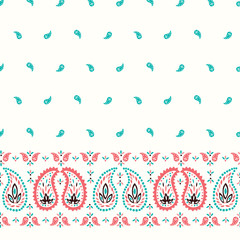 Traditional Oriental Colorful Paisley Vector Seamless Horizontal Border and Pattern. Whimsical Classic Indian Background