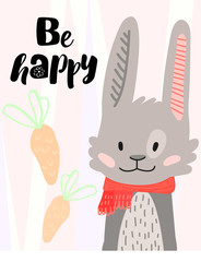 Happy face rabbit. Hand drawn graphic for typography poster, card, label, flyer, page, banner, baby wear, nursery. Scandinavian style. Cartoon Vector Illustration