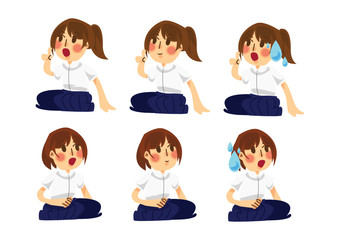 two girl sitting and having an argument, 3 different pose