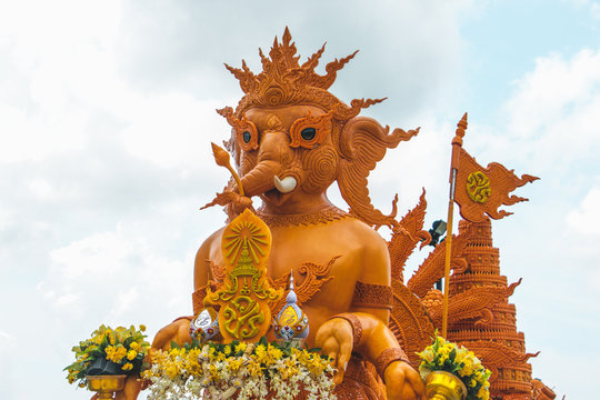 BURIRAM , THAILAND - July 30, 2018 The art of carved candles. Thailand candle festival of buddha in Buriram.