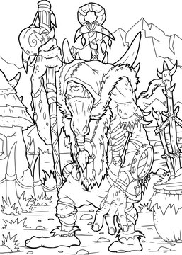 hand-drawn shaman, cartoon wizard, coloring page, A4