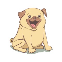 Adorable beige puppy Pug with a pink donut. Have a sweet day - lettering quote. Humor card, t-shirt composition, hand drawn style print. Vector illustration.