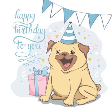 Birthday cards set with cute cartoon dogs. Balloons and party hats. Vector contour image. Little puppies. Funny animals.