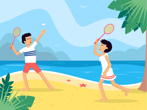 Couple playing badminton flat vector illustration