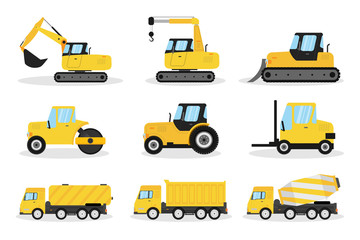 Heavy machinery flat vector illustrations set