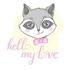 Vector illustration with cute raccoon holding in the hands of the heart. Perfect for greeting cards for Valentine's Day.