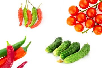 fresh prickly cucumber green small vertical pod of hot peppers on a white background set of...