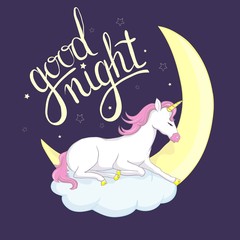 Cute vector unicorn. Magic character with pink mane surrounded by star dust for sticker, card, t-shirt and funny children's design.