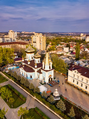 Aerial drone view of christian church in the kishinev city
