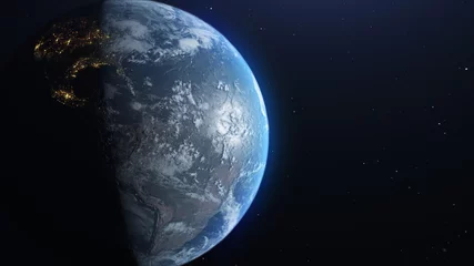 Lichtdoorlatende rolgordijnen Volle maan en bomen aarde vanuit de ruimte, concept van astronautenweergave, langzaam wegbewegend met sterren in de ruimte. UHD 3840 2160 beeldmateriaal. Elementen van deze 3D-animatie geleverd door NASA.