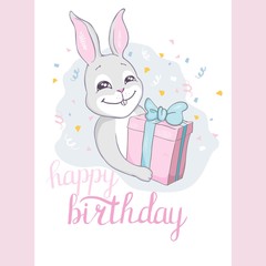 Happy Birthday! Card with flying hot air balloon Bunny, contour style