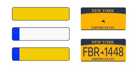 Registration plates vechicle registration plates of Europe and Great Britain United Kingdom with shadows. New York.