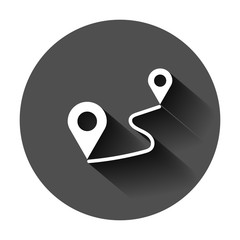 Distance pin icon in flat style. Gps navigation vector illustration on black round background with long shadow. Communication travel business concept.