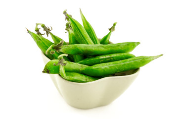 set pod green pea bean vegetable ceramic bowl on white background farmer crop design