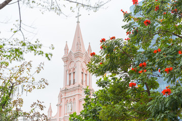Da Nang Cathedral and blooming tropical tree against the sky. The church is one of top tourist...