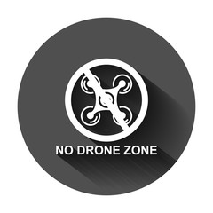 No drone zone sign icon in flat style. Quadrocopter ban vector illustration on black round background with long shadow. Helicopter forbidden flight business concept.