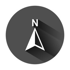 Global navigation icon in flat style. Compass gps vector illustration on black round background with long shadow. Location discovery business concept.