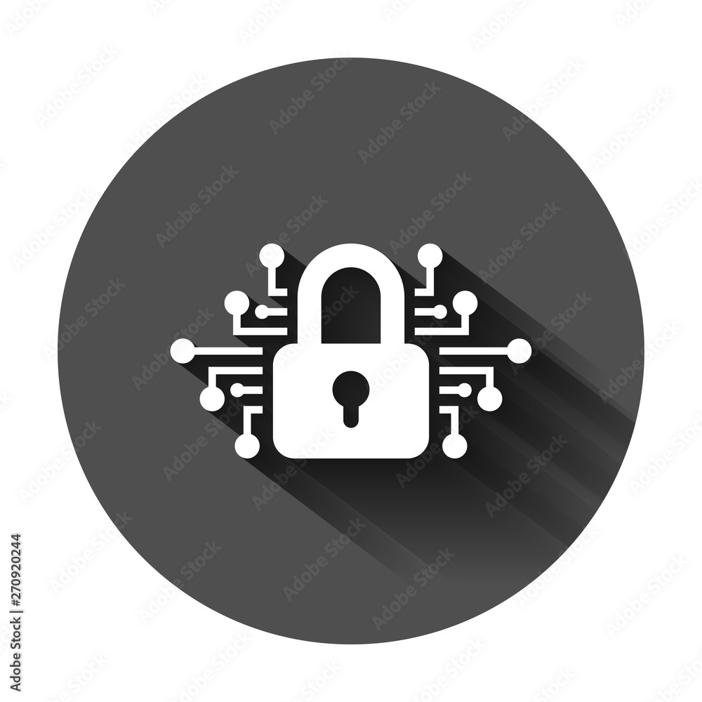 Poster cyber security icon in flat style. padlock locked vector illustration on black round background with