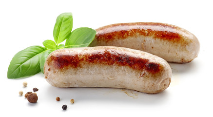 grilled sausages on white background