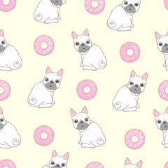 Pink seamless pattern with funny pug and donut.