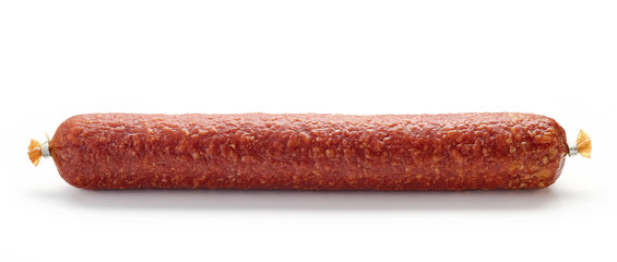 salami sausage on white background - obrazy, fototapety, plakaty