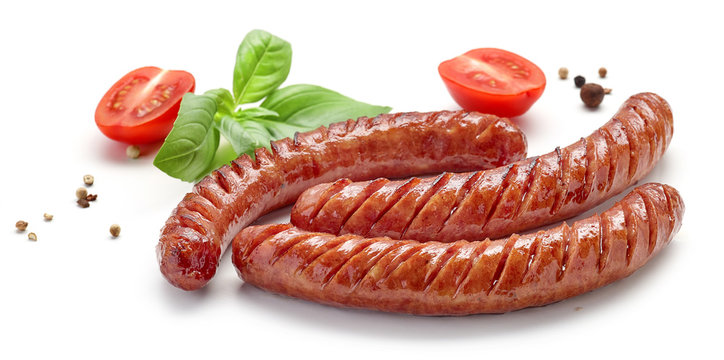 grilled sausages on white background
