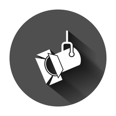 Spotlight icon in flat style. Lamp vector illustration on black round background with long shadow. Flashlight business concept.