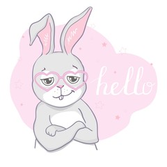 Bunny cute print. Sweet baby boy shower card. Hare fashion child vector. Cool and lovely rabbit illustration for nursery t-shirt, kids apparel, invitation, simple scandinavian child design
