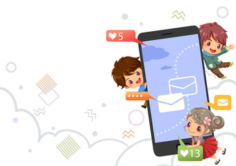 Teenagers chatting and lovely icon on social internet, background vector