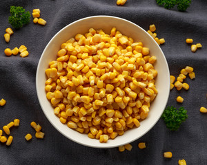 Sweet Corn in white bowl. Healthy food