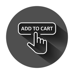 Add to cart shop icon in flat style. Finger cursor vector illustration on black round background with long shadow. Click button business concept.