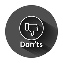 Don'ts sign icon in flat style. Unlike vector illustration on black round background with long shadow. No business concept.