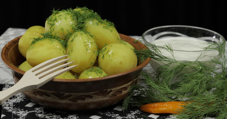 Boiled new delicious potato on plate with fresh dill on table ready to eat