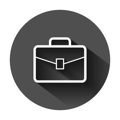 Obraz premium Briefcase sign icon in flat style. Suitcase vector illustration on black round background with long shadow. Baggage business concept.