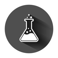 Chemistry beakers sign icon in flat style. Flask test tube vector illustration on black round background with long shadow. Alchemy business concept.
