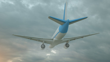 3D rendering of a commercial airplane flying above clouds in sunset light. Concept of fast travel, holidays and business