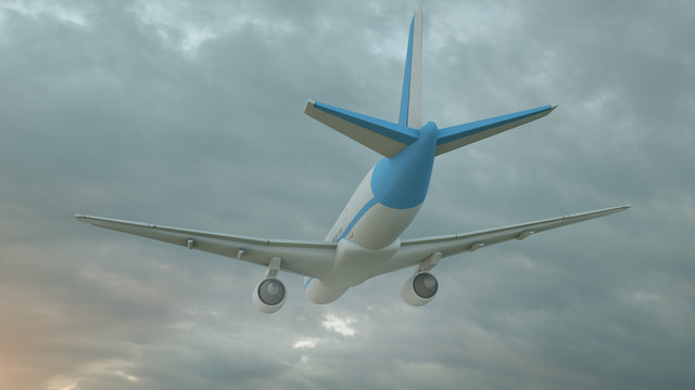 3D rendering of a commercial airplane flying above clouds in sunset light. Concept of fast travel, holidays and business
