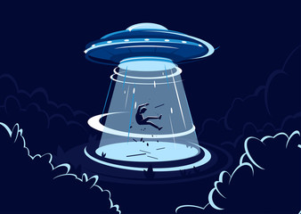 vector illustration of ufo flying saucer, kidnapping, unidentified flying object in the air