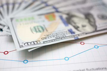 Huge pack of US money lying down on important financial document