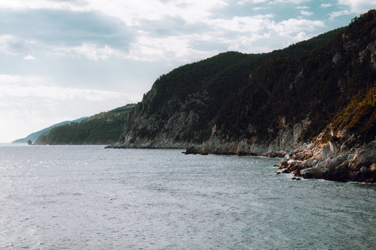Sea and mountains from a church on a cliff where Mamma Mia was filmed in Skopelos, Greece.
