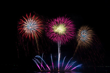 Colorful fireworks on the black sky background at pattaya international fireworks festival 2018....